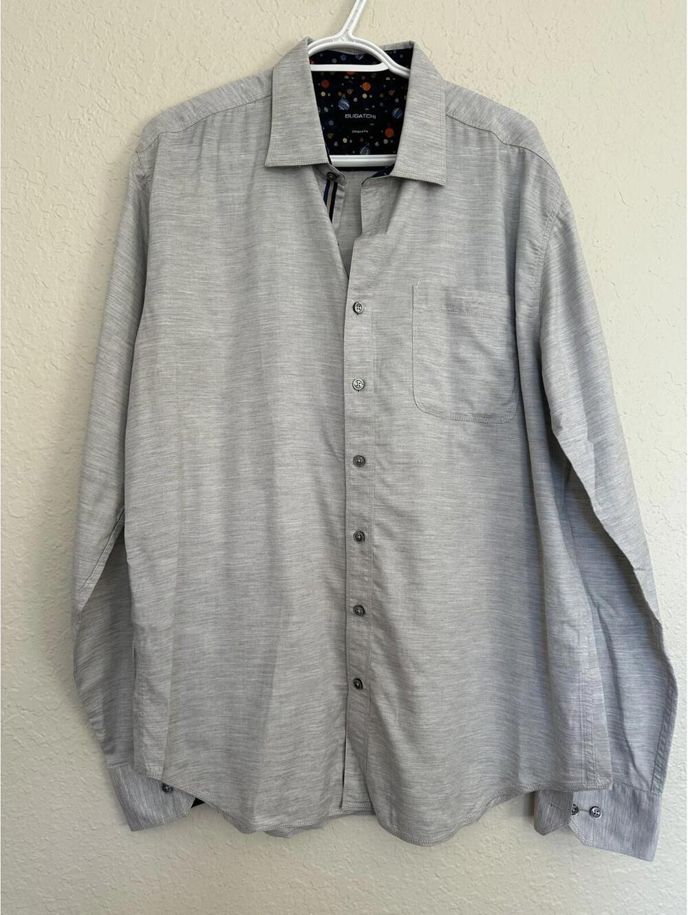Bugatchi Shirt Mens Extra Gray Shaped Fit Long Sleeve Planet Print Trim XL